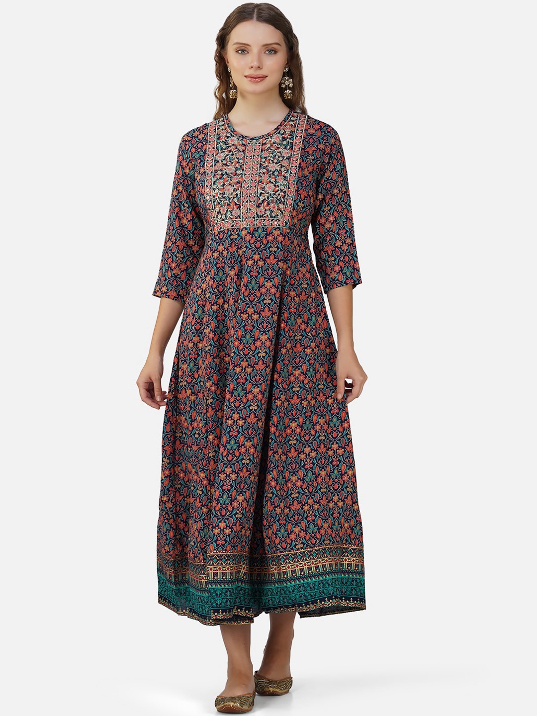 

Charitra Floral Printed Fit and Flare Midi Ethnic Dress, Navy blue