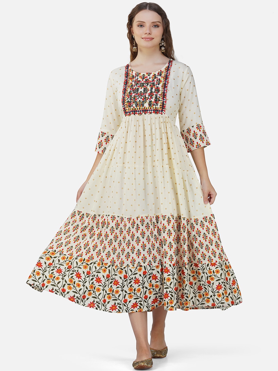 

Charitra Floral Printed Fit and Flare Midi Ethnic Dress, Beige