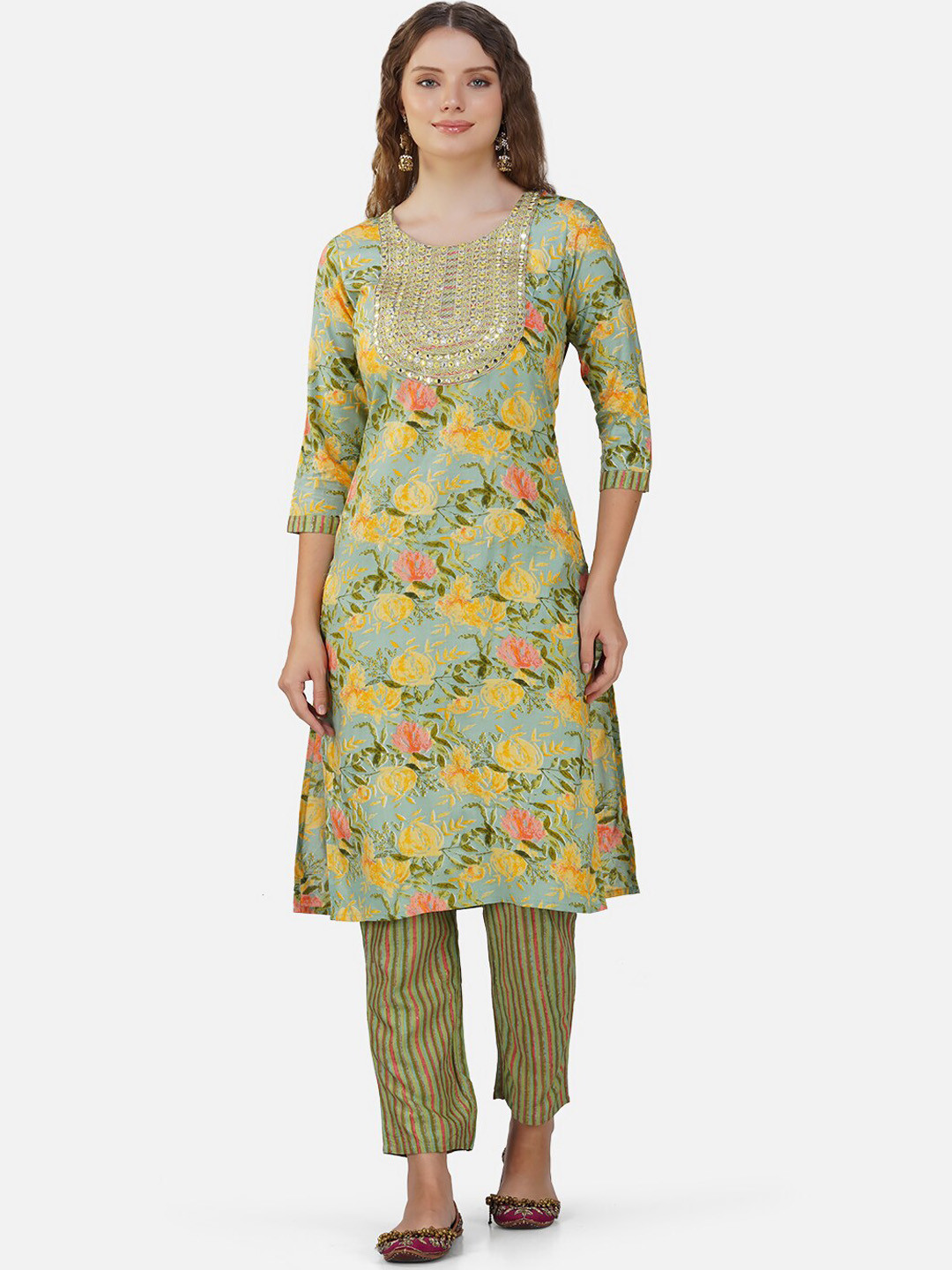 

Charitra Floral Printed Mirror Work Kurta with Trousers, Green