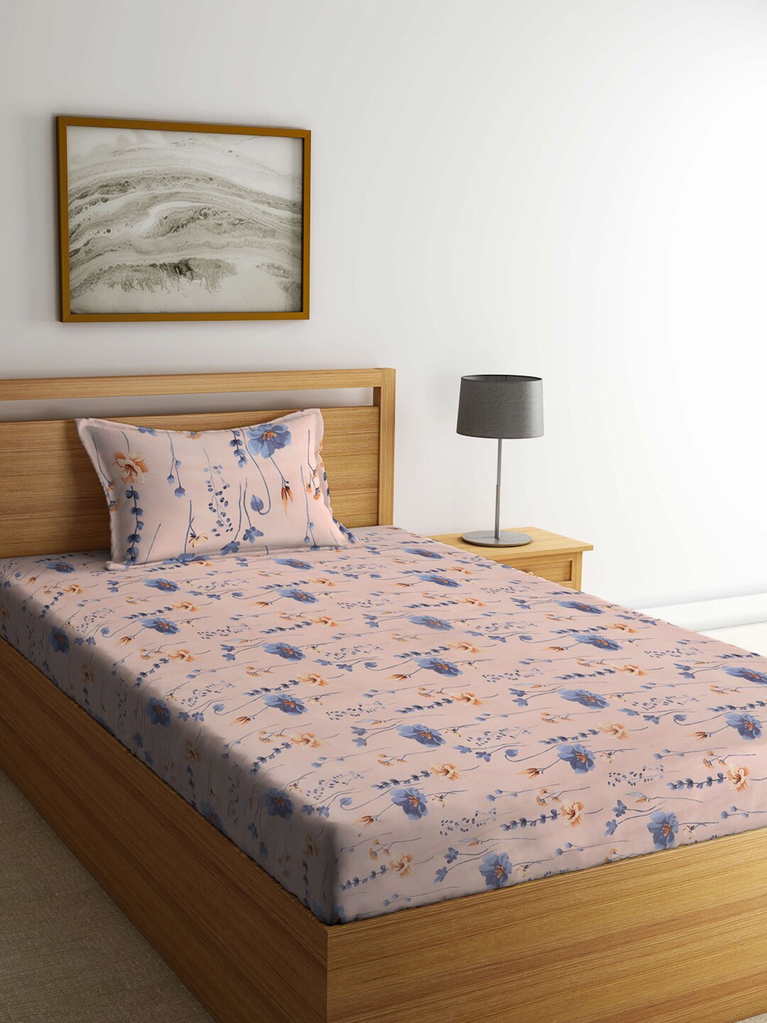 

Arrabi Peach & Blue Floral 300 TC Flat Single Bedsheet With 1 Pillow Cover