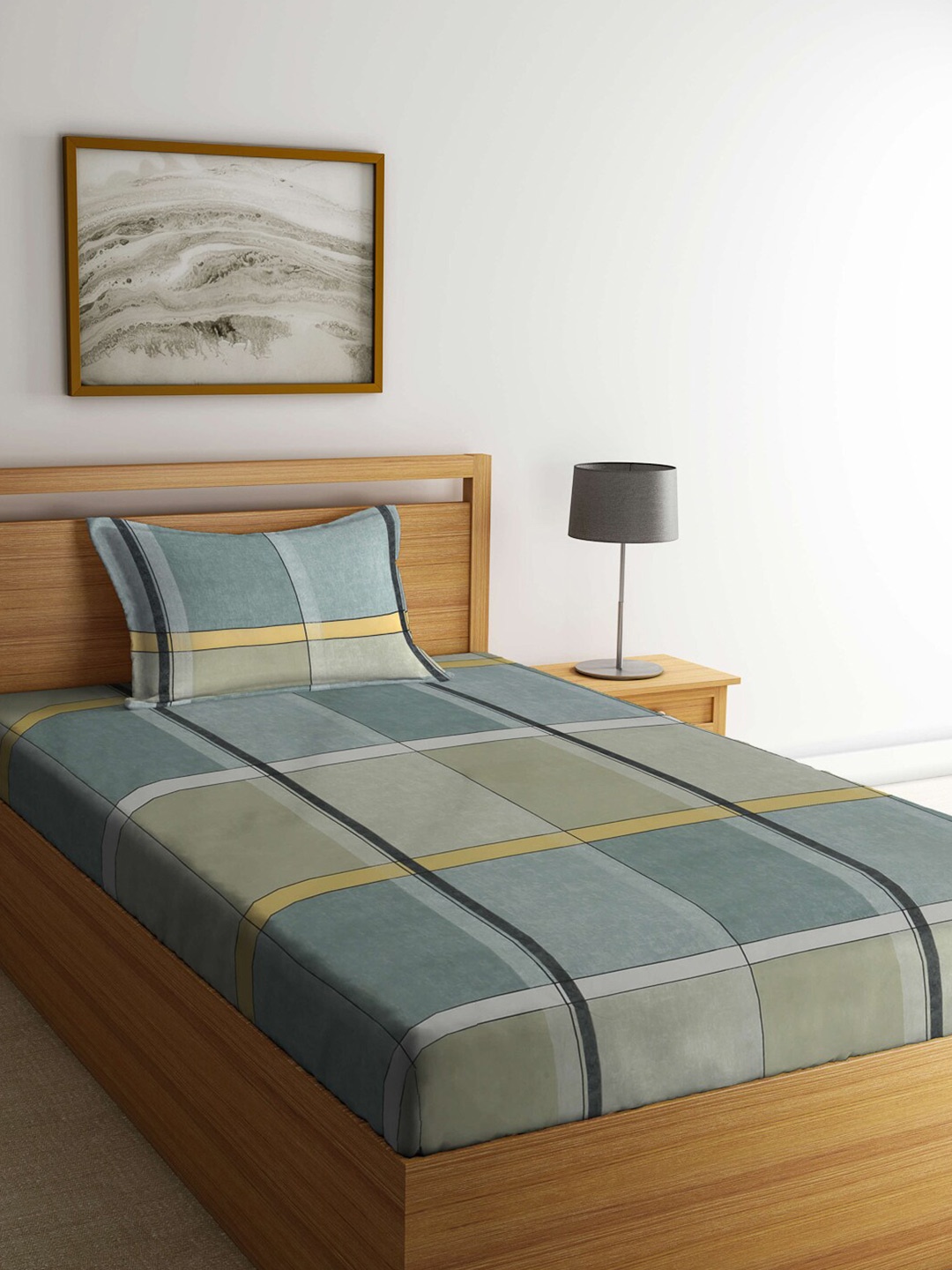 

Arrabi Green & Grey Geometric 300 TC Single Bedsheet with 1 Pillow Cover