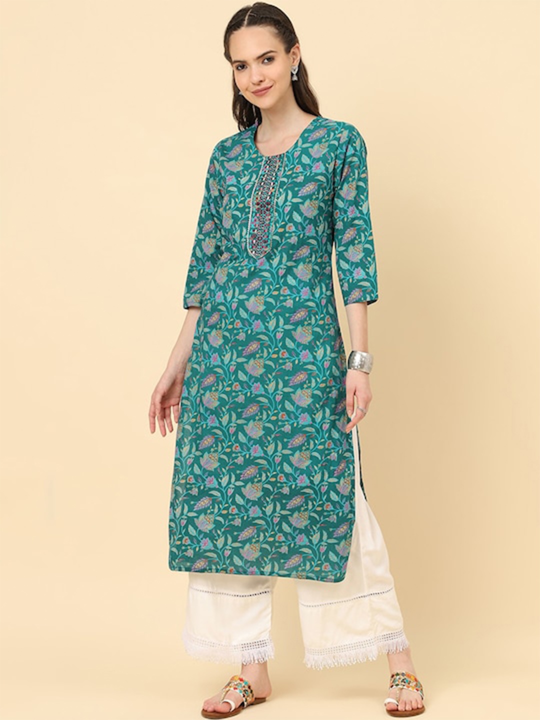 

Varanga Floral Printed Mirror Work Gotta Patti Detail Kurta, Turquoise blue