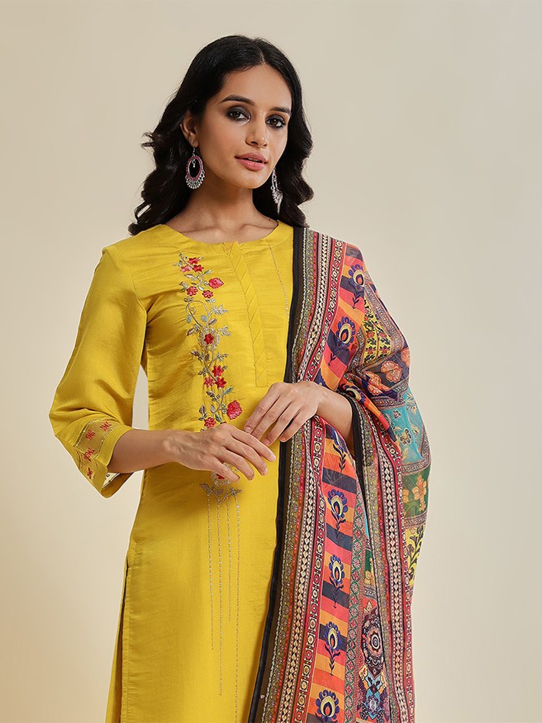 

Varanga Yellow Floral Embroidered Sequinned Kurta With Trousers & Dupatta