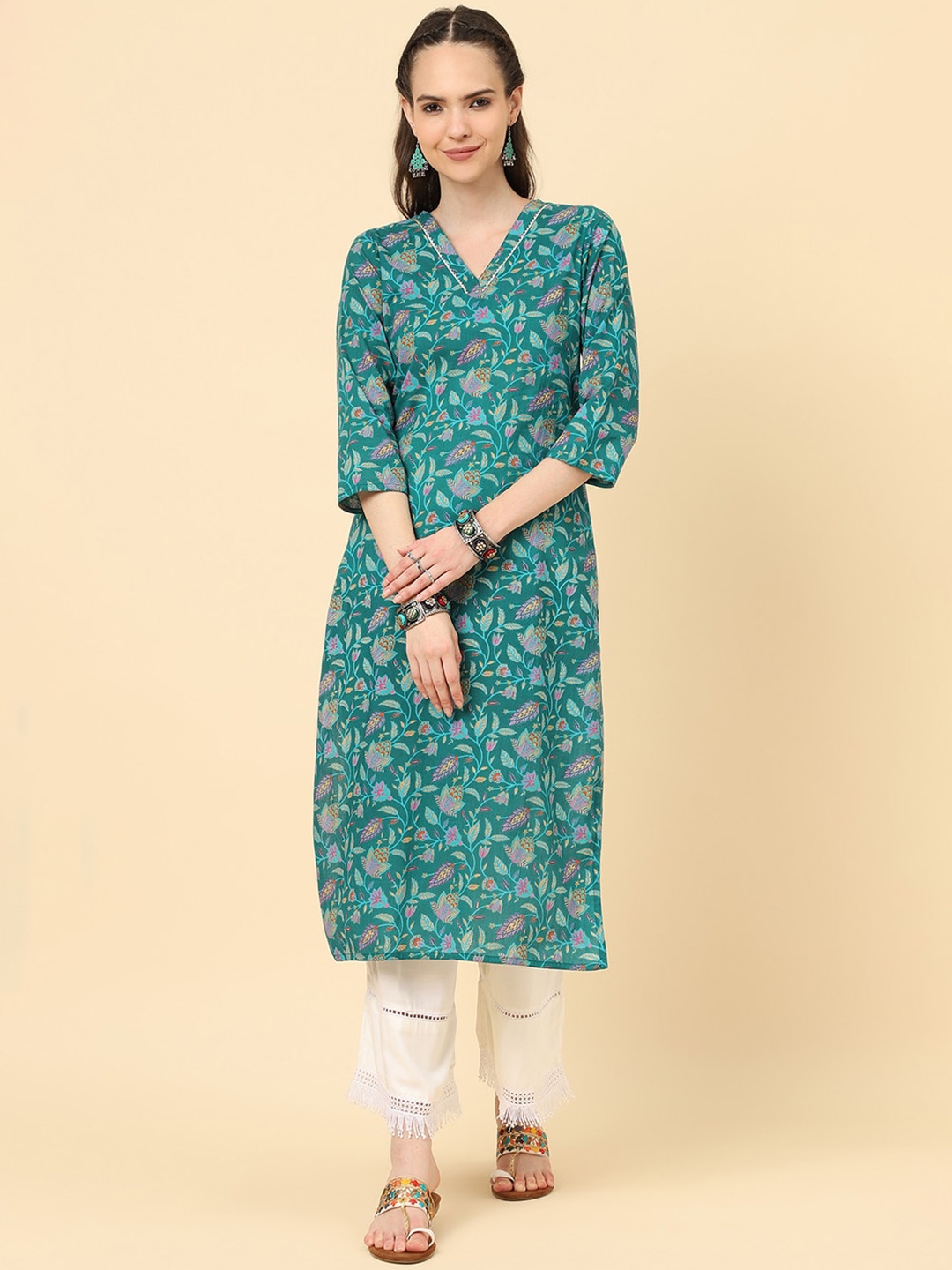 

Varanga Floral Printed Pure Cotton Straight Kurta, Turquoise blue