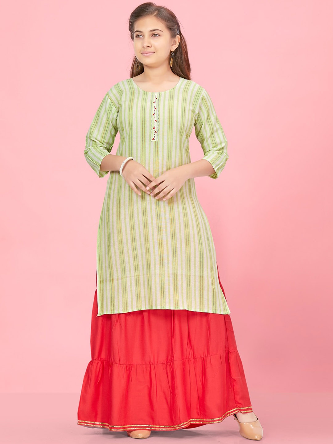 

Aarika Girls Striped Pure Cotton Kurta With Skirt, Green
