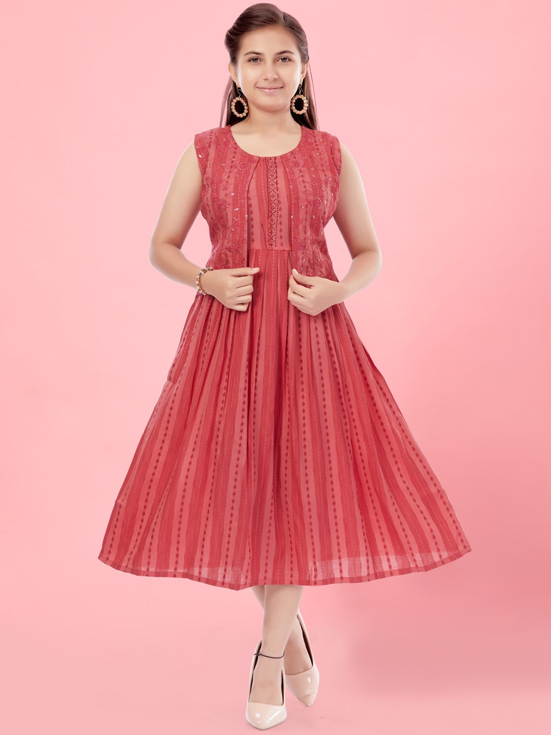 

Aarika Girls Floral Printed Sleeveless Cotton Fit and Flare Midi Dresses, Red