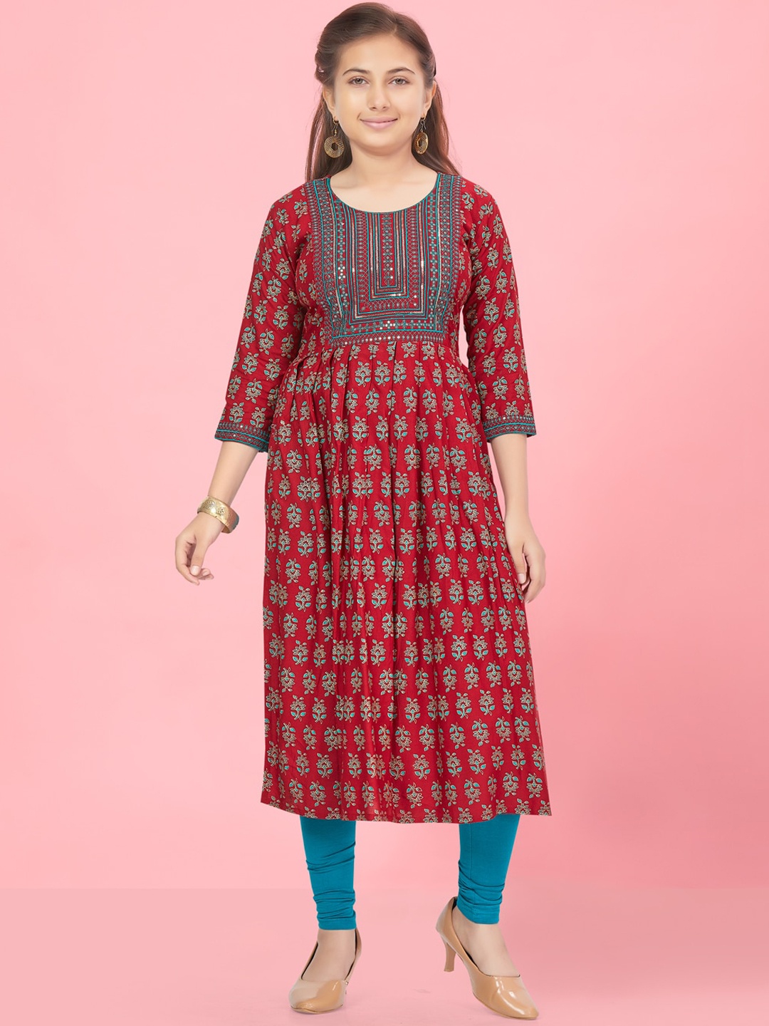 

Aarika Girls Ethnic Motifs Printed Sequinned A-Line Kurta, Maroon