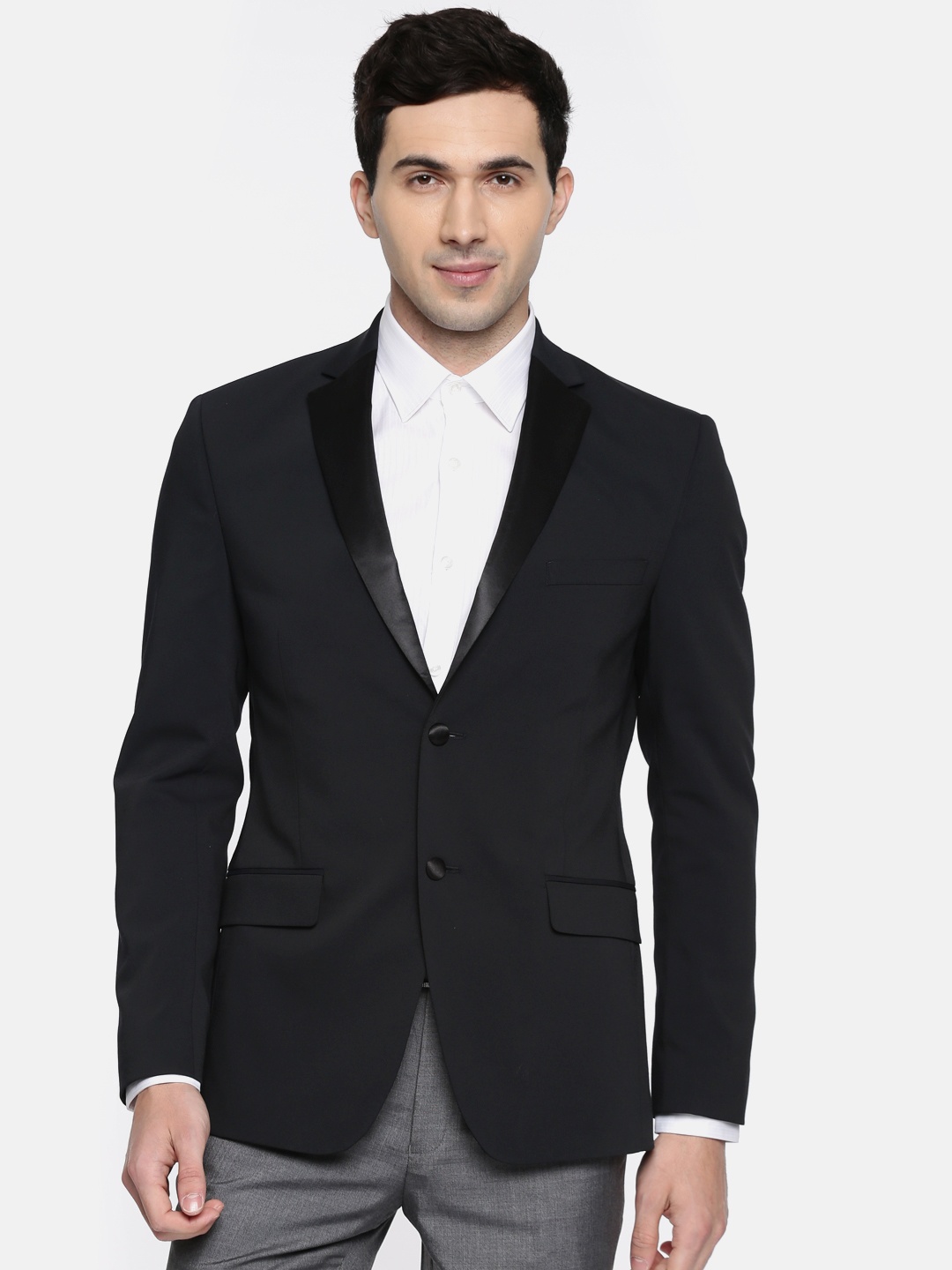 

Theme Men Navy Self-Design Single-Breasted Formal Blazer, Navy blue