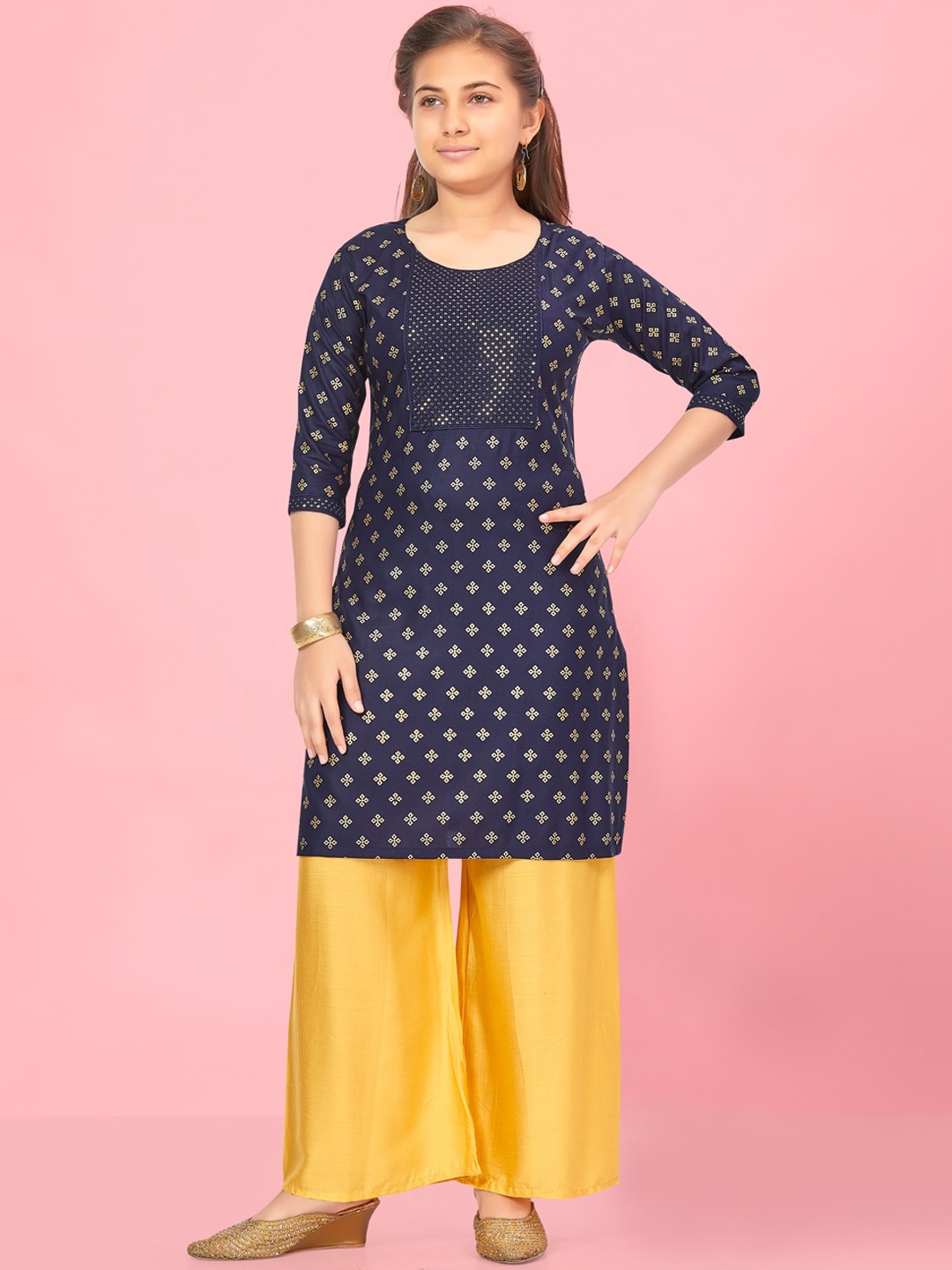 

Aarika Girls Ethnic Motifs Printed Sequined Regular Straight Kurta, Navy blue