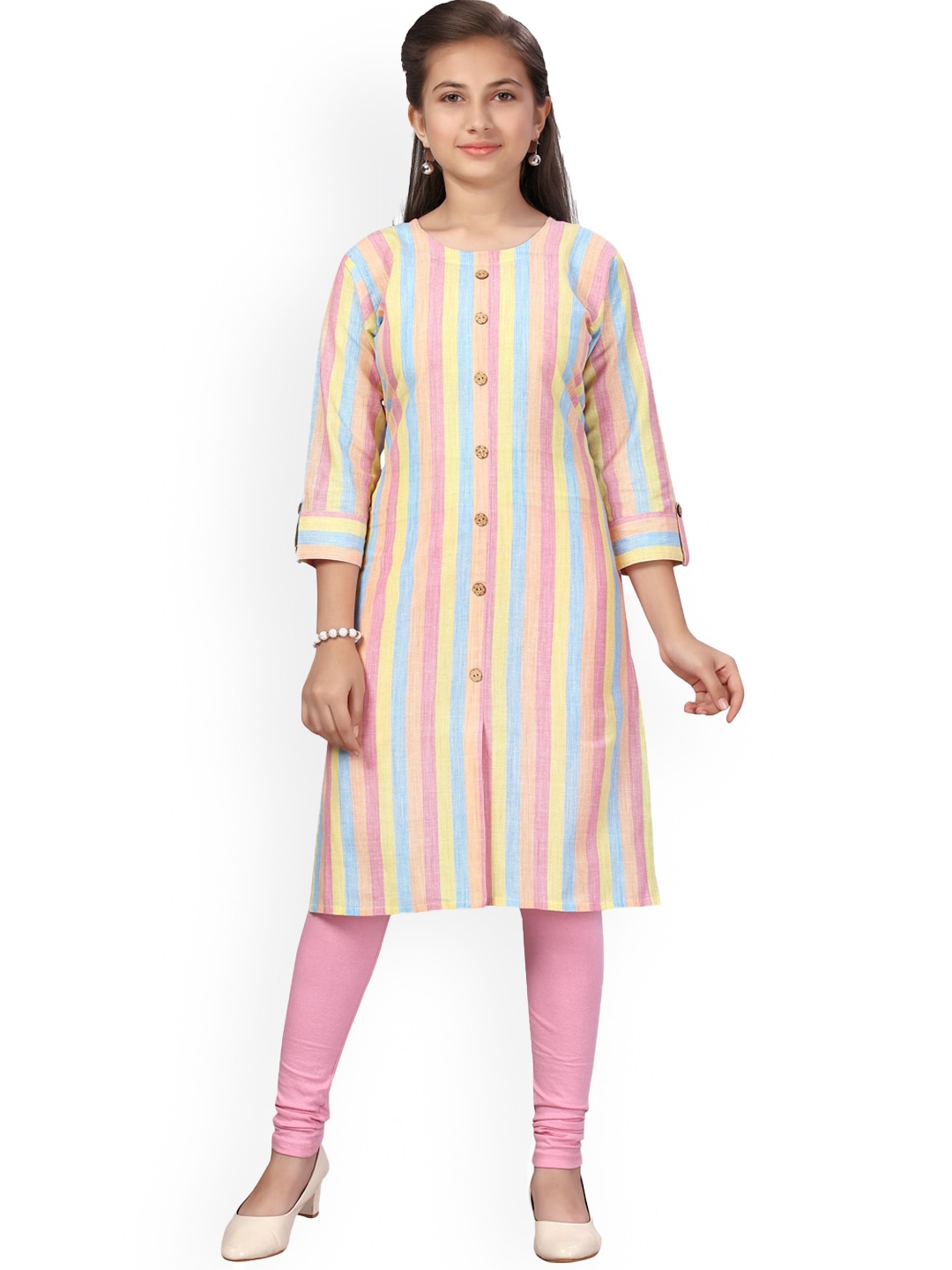 

Aarika Girls Striped Regular Pure Cotton Kurta WithLeggings, Pink