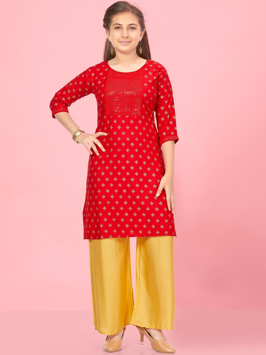 

Aarika Girls Ethnic Motifs Printed Pure Cotton Kurta with Palazzos, Red