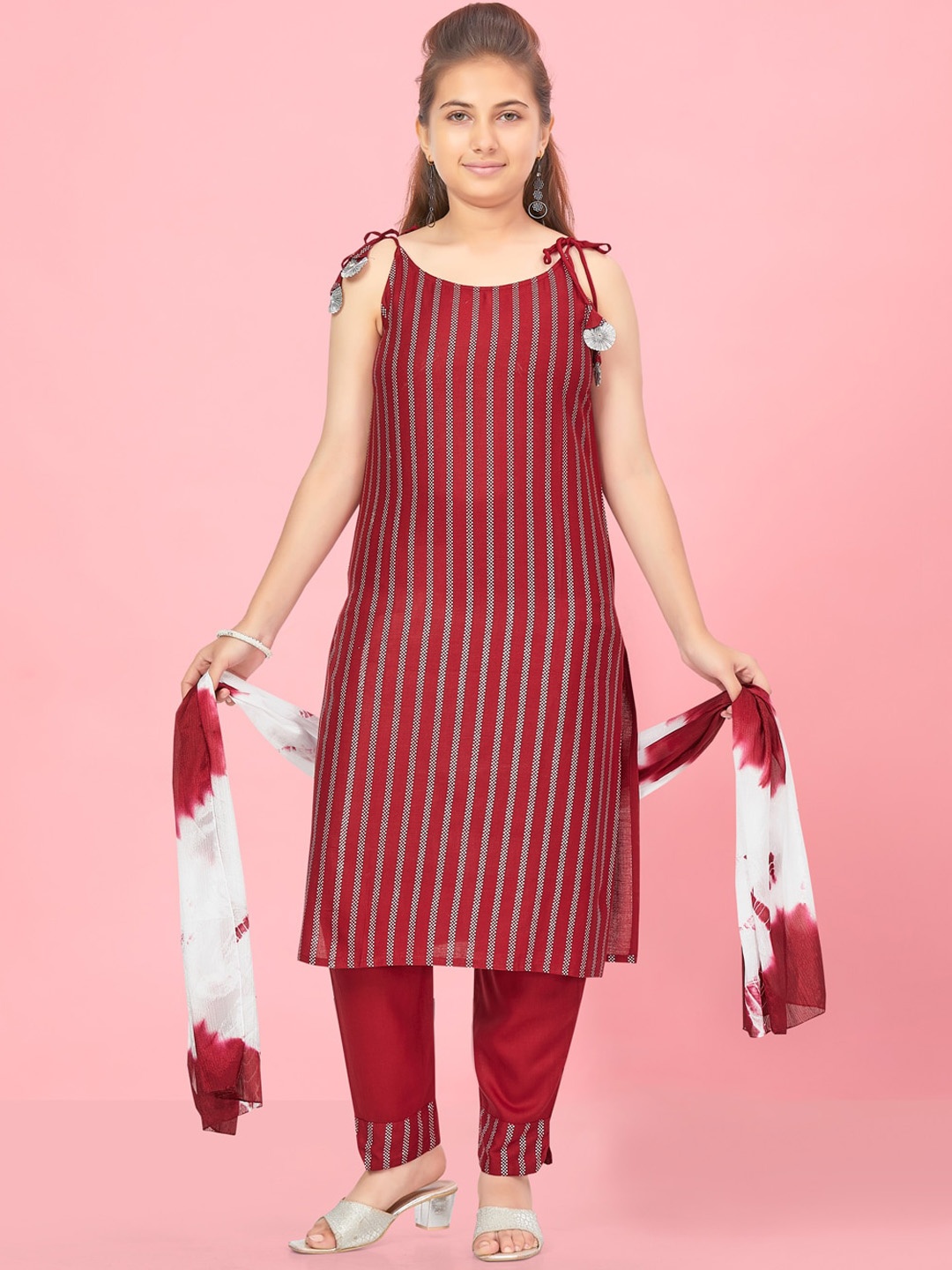 

Aarika Girls Striped Regular Pure Cotton Kurta With Trousers & Dupatta, Maroon