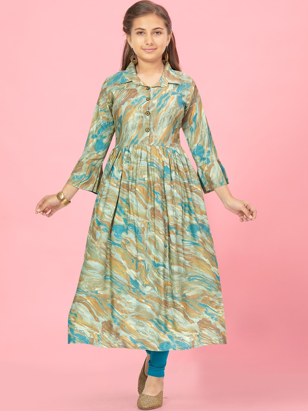 

Aarika Girls Ethnic Motifs Printed Shirt Collar Anarkali Pure Cotton Kurta With Leggings, Blue