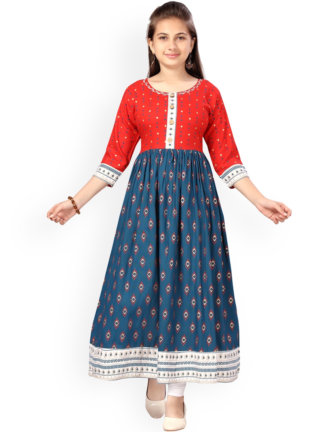 

Aarika Girls Ethnic Motifs Printed Anarkali Pure Cotton Kurta With Leggings, Red