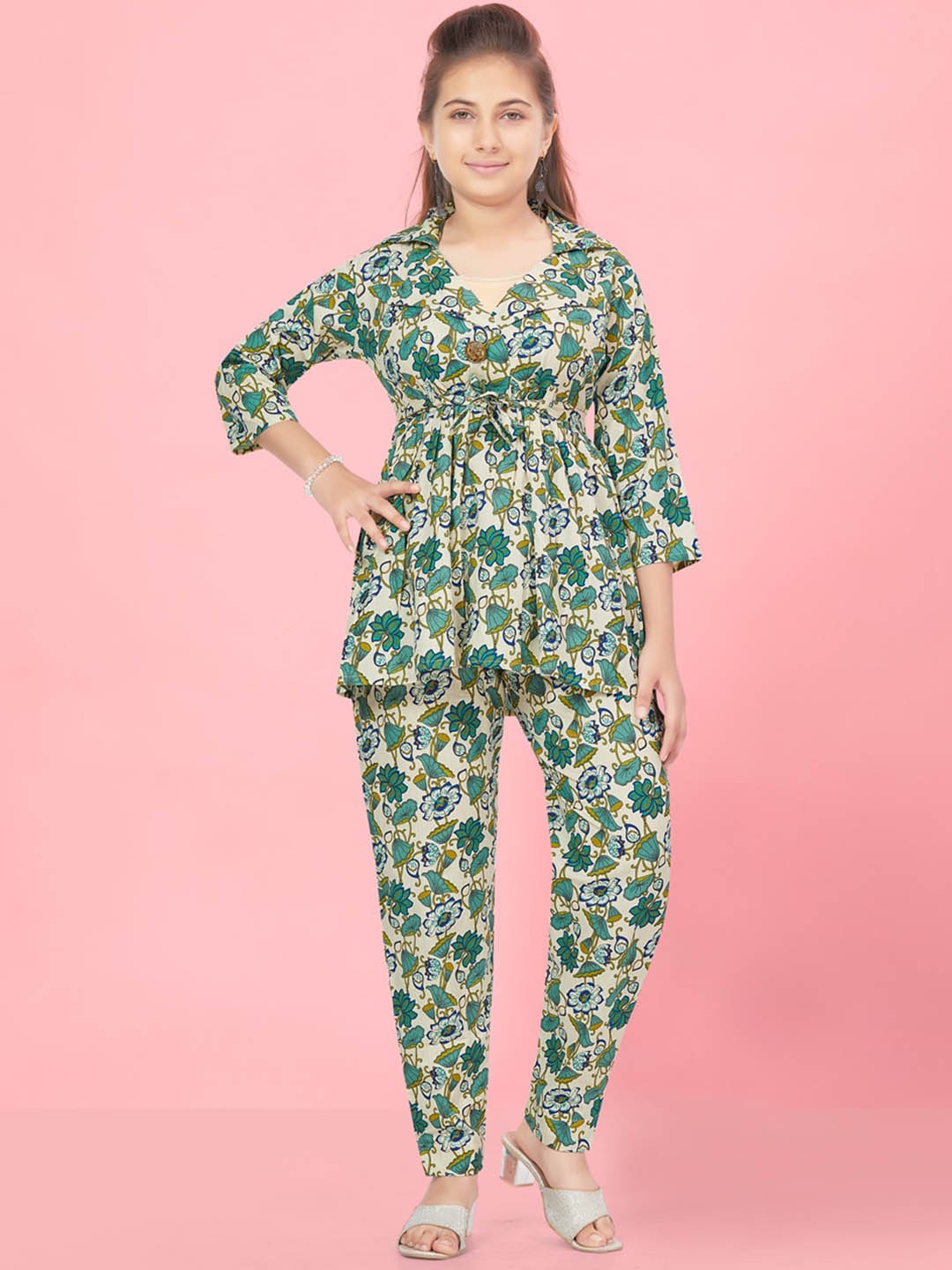 

Aarika Floral Printed Pure Cotton Top With Trousers, Green