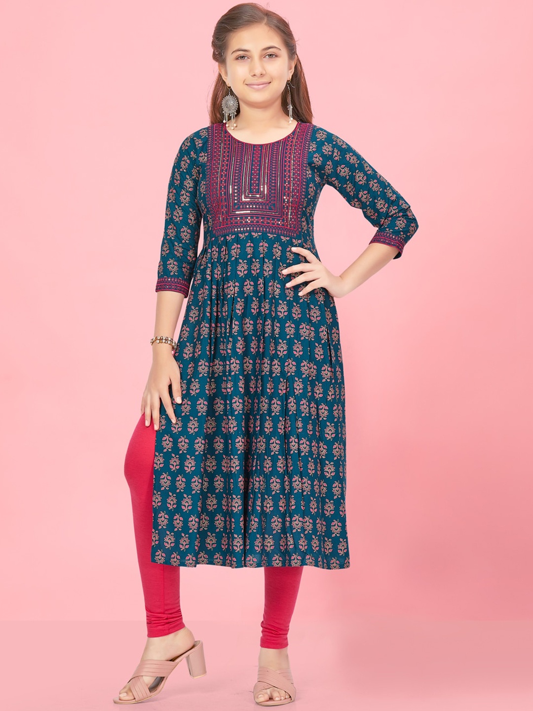 

Aarika Girls Ethnic Motifs Printed Sequined Pleated Cotton Kurta, Teal