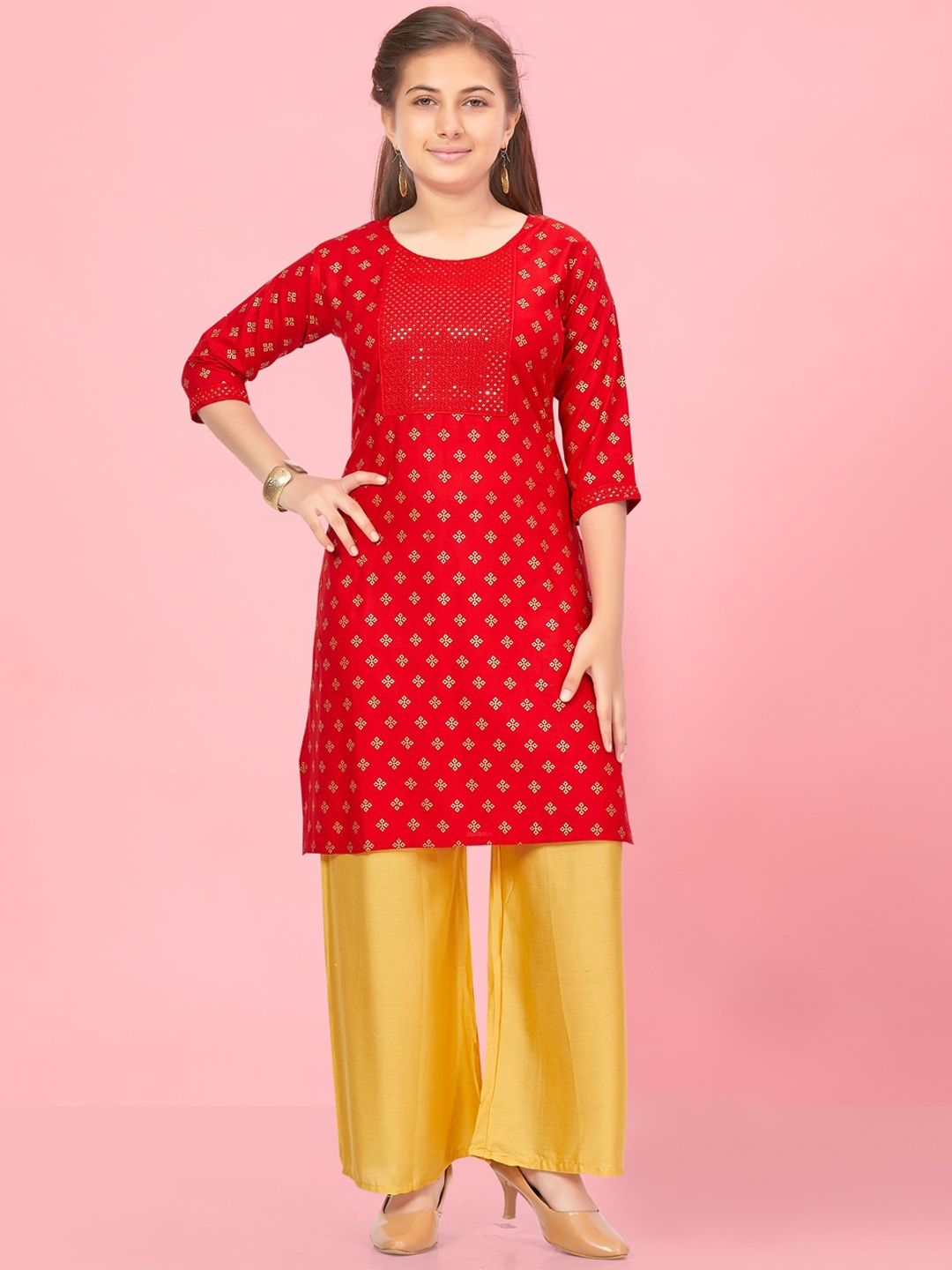 

Aarika Girls Ethnic Motifs Printed Sequinned Kurta, Red