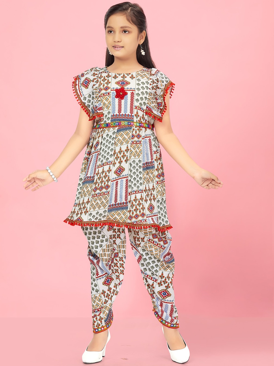 

Aarika Girls Ethnic Motifs Printed Regular Pure Cotton Kurta With Dhoti Pants, White