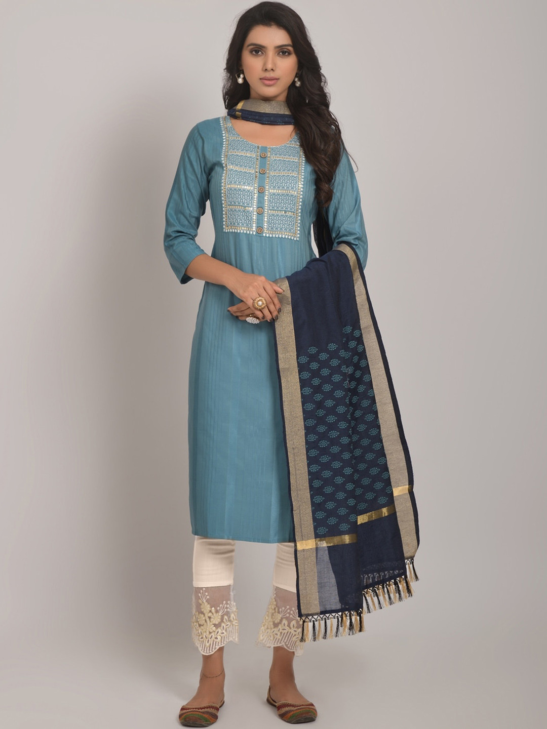 

JAPNAAM Ethnic Motifs Yoke Design Thread Work Kurta With Trousers & Dupatta, Blue