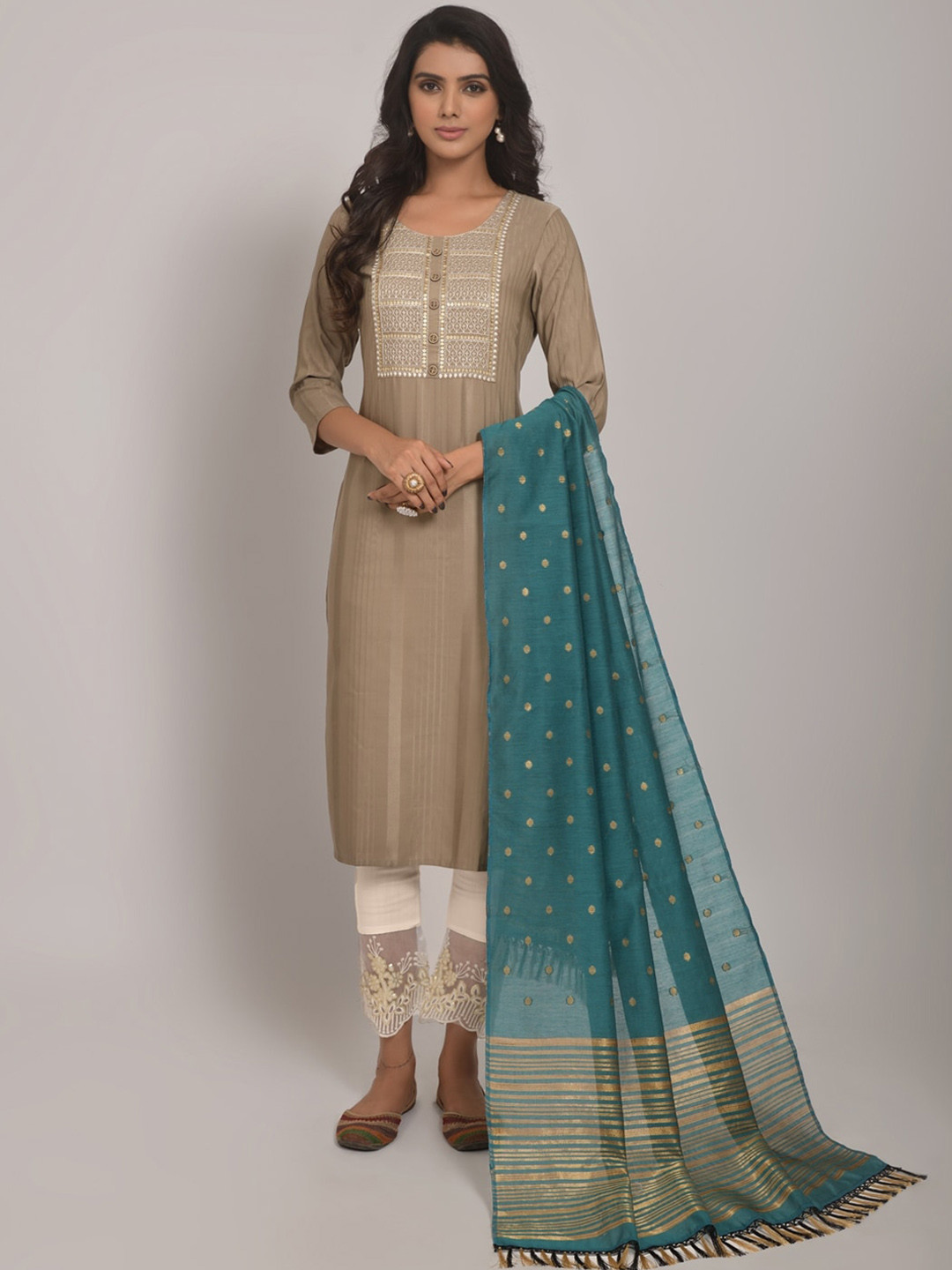 

JAPNAAM Ethnic Motifs Yoke Design Thread Work Kurta With Trousers & Dupatta, Beige
