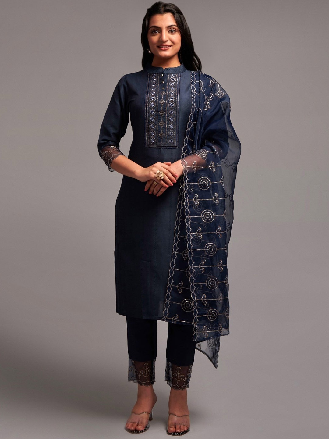 

JAPNAAM Ethnic Motifs Yoke Design Sequined Silk Chiffon Kurta With Trousers & Dupatta, Blue