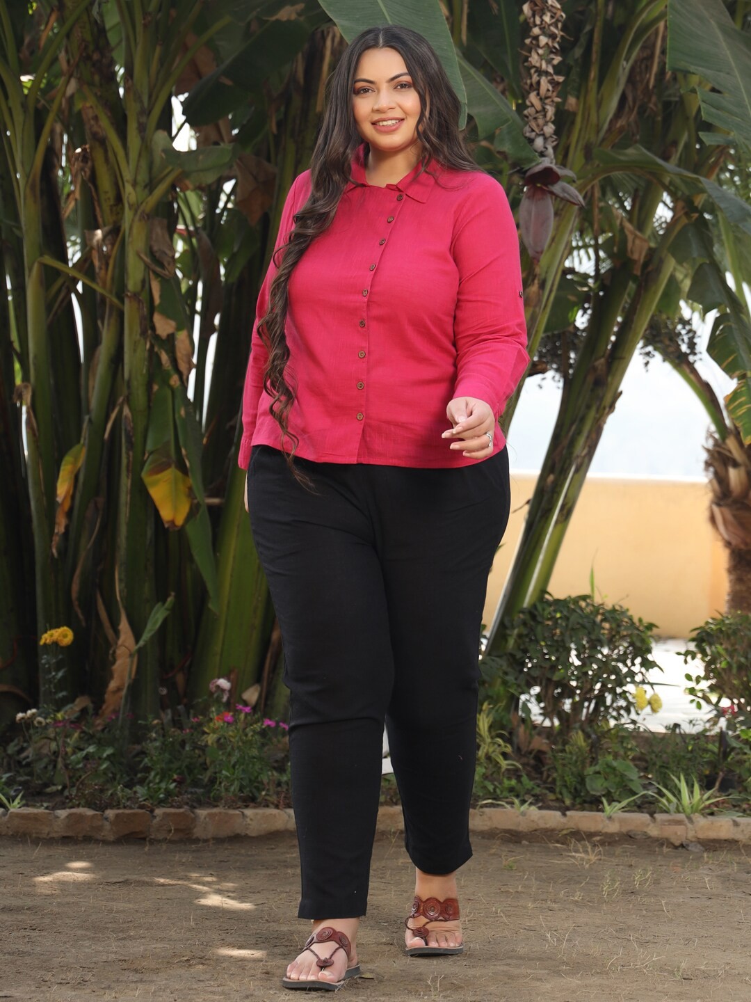 

Jaipur Kurti Plus Size Cuffed Sleeves Cotton Shirt Style Top, Pink