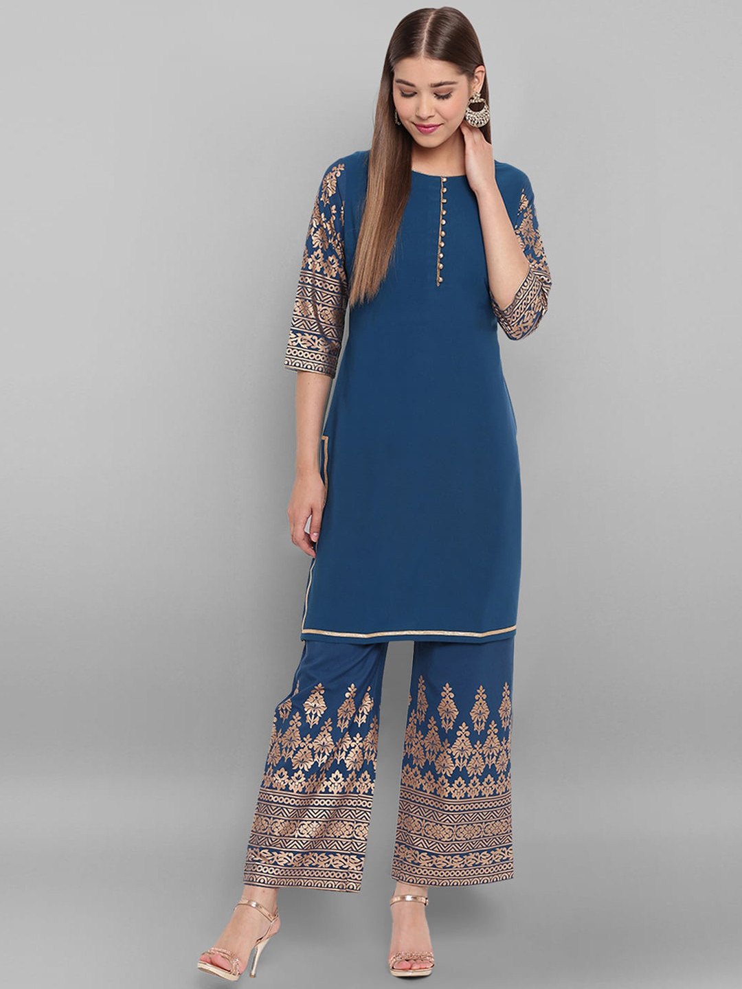 

Janasya Ethnic Motifs Printed Regular Kurta With Palazzos, Teal