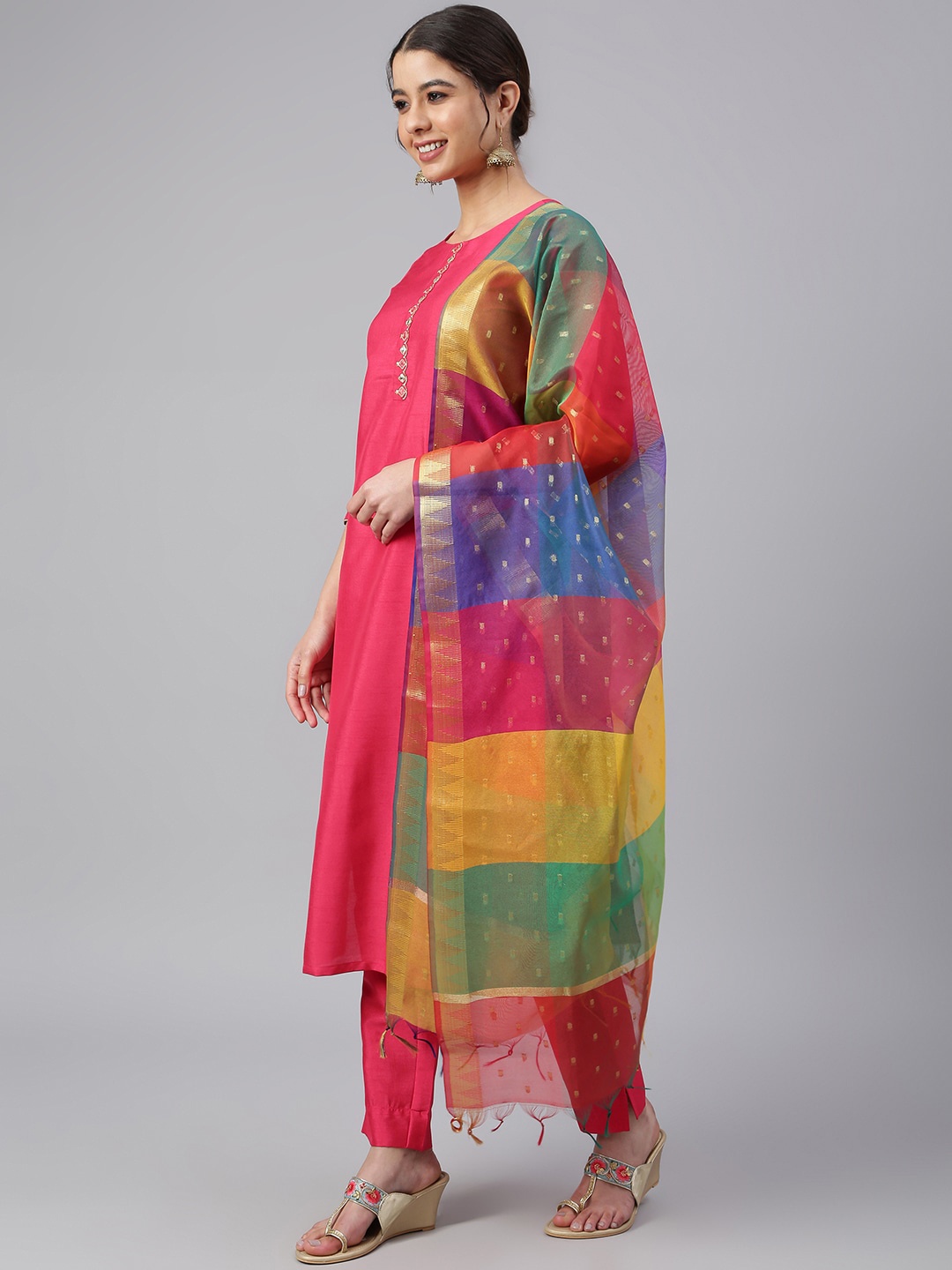 

Janasya Round Neck Thread Work Straight Kurta & Trousers With Dupatta, Pink