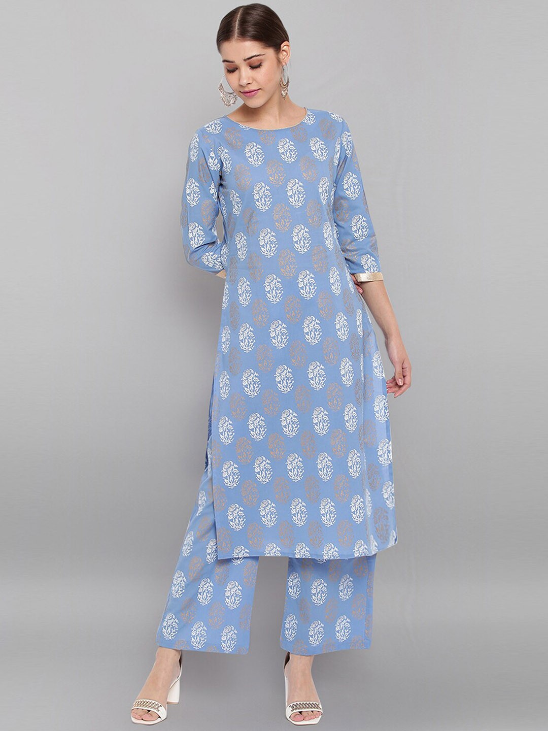 

Janasya Ethnic Motifs Printed Pure Cotton Kurta with Palazzos, Blue