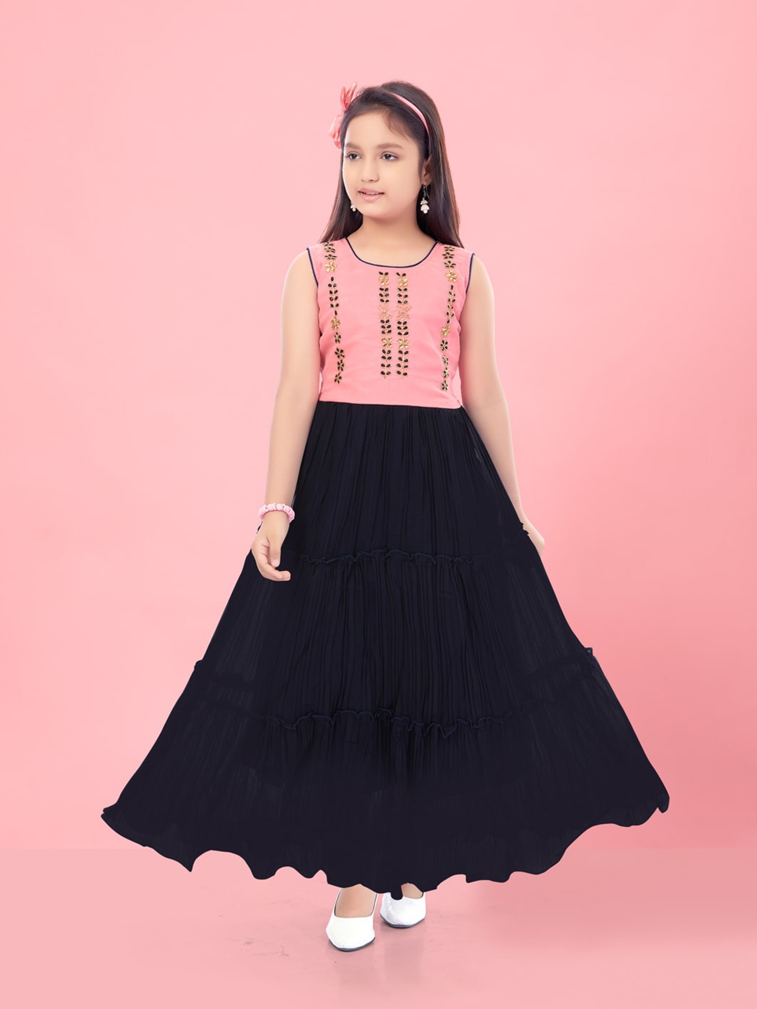 

Aarika Floral Embellished Georgette Flared Maxi Dress, Navy blue