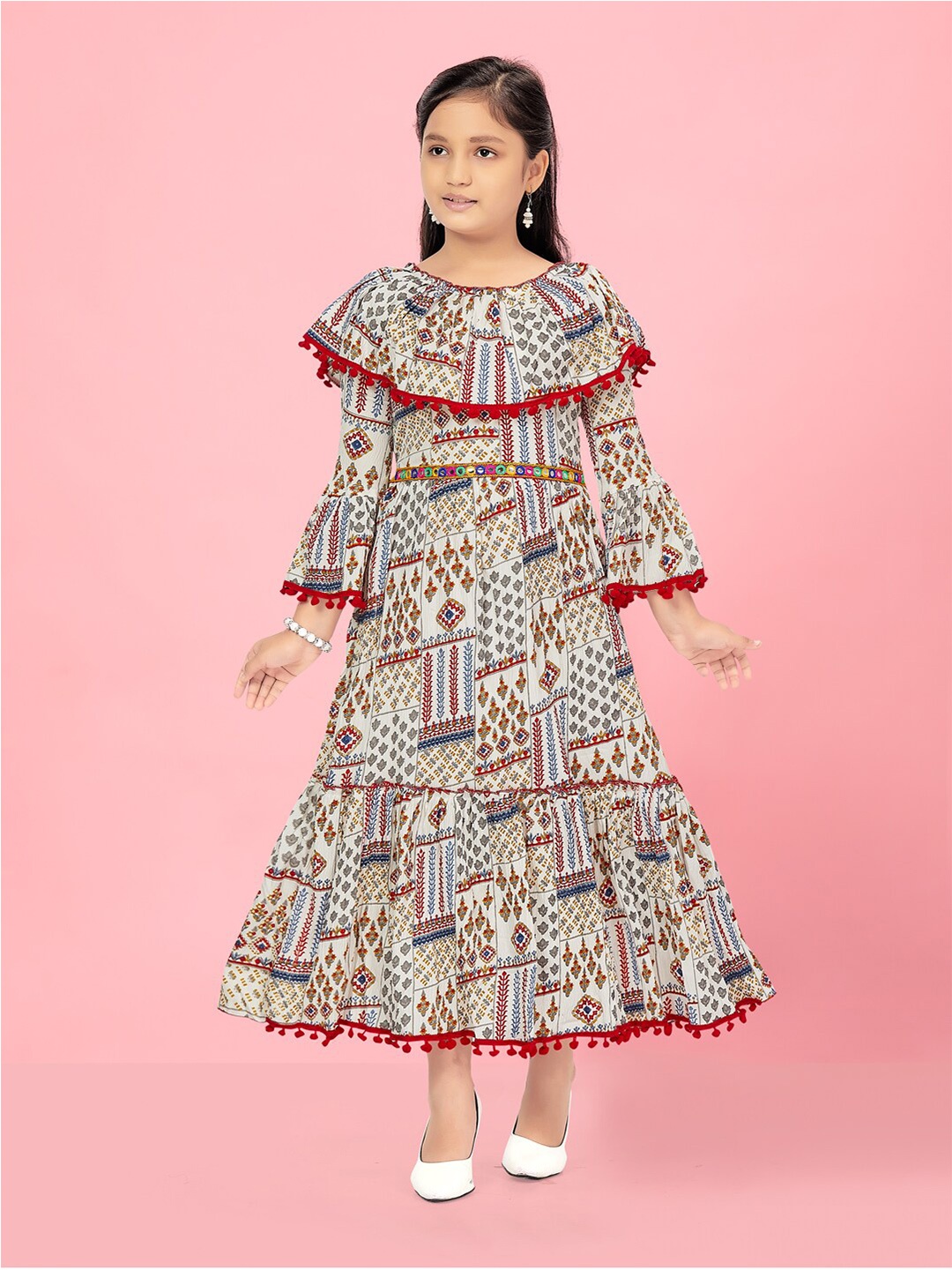 

Aarika Girls Floral Printed Bell Sleeves Net Maxi Dress, Beige