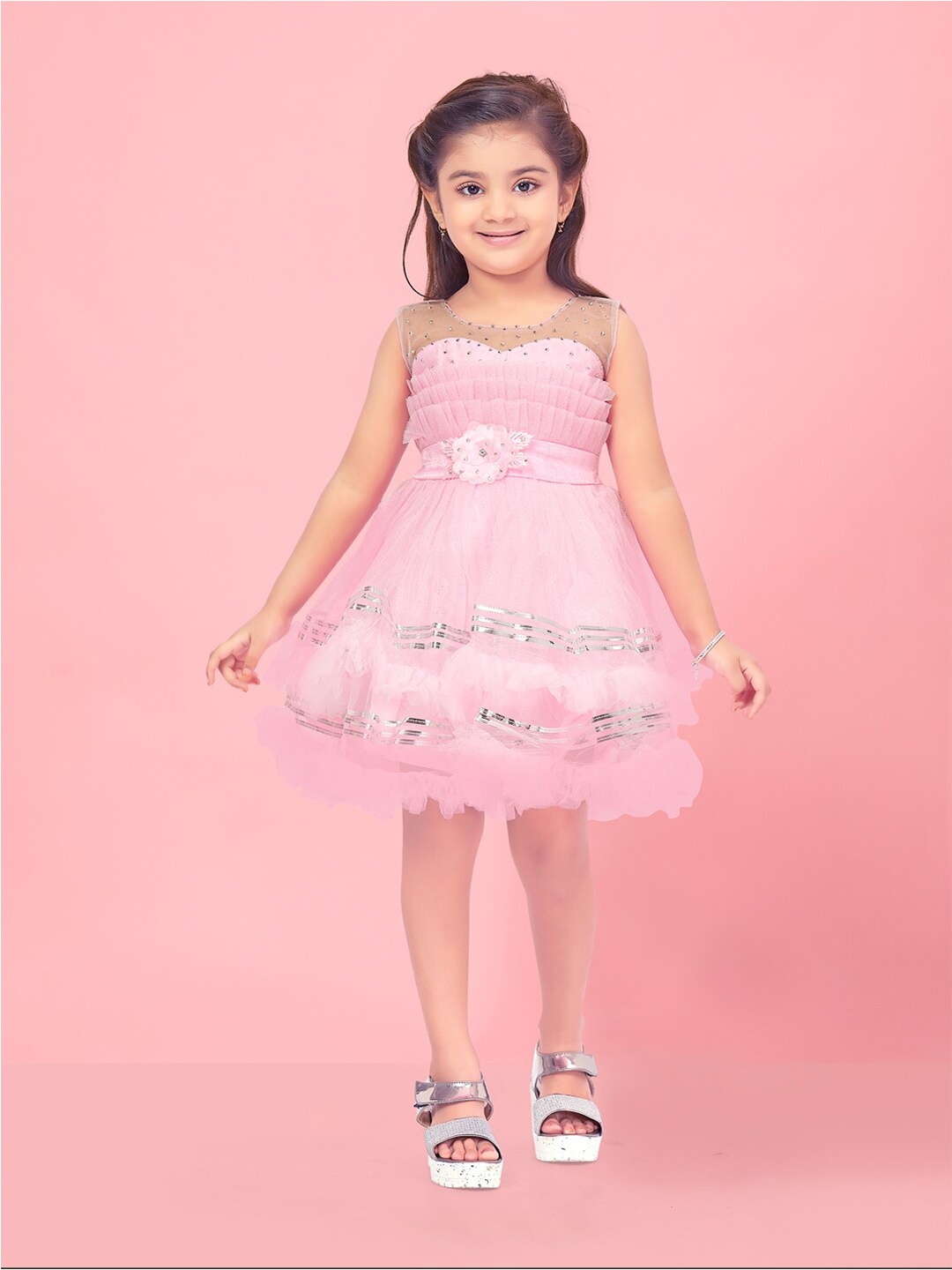 

Aarika Girls Embellished Layered Fit & Flare Dress, Pink