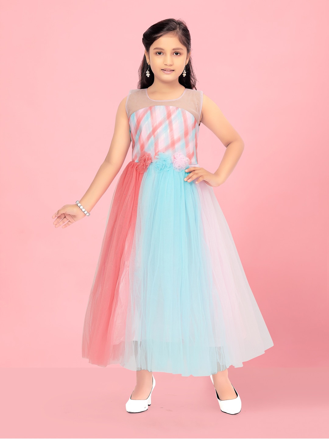 

Aarika Girls Colourblocked Sleeveless Net Maxi Dress, Pink
