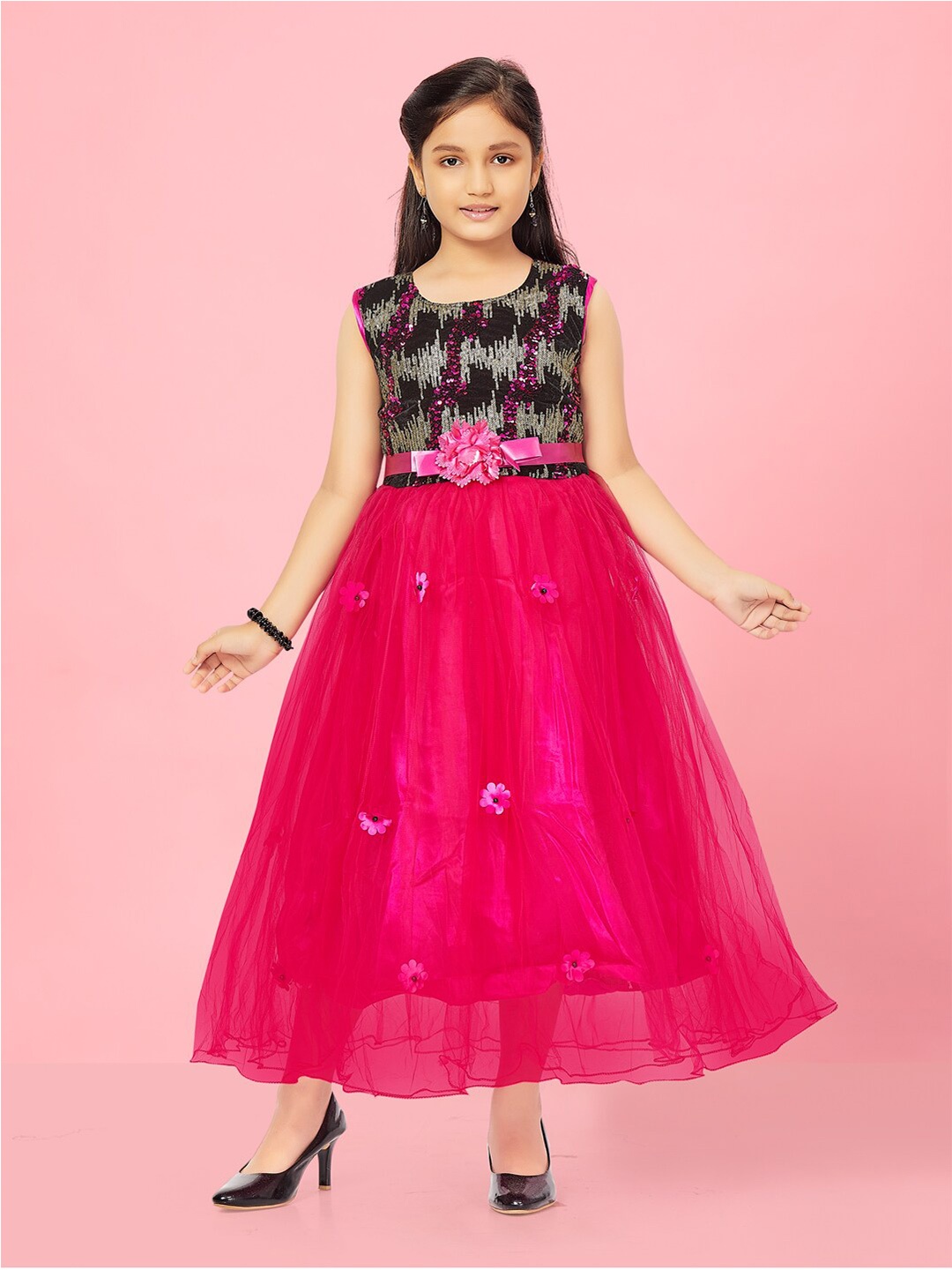 

Aarika Girls Embellished Sleeveless Net Fit & Flare Midi Dress, Pink