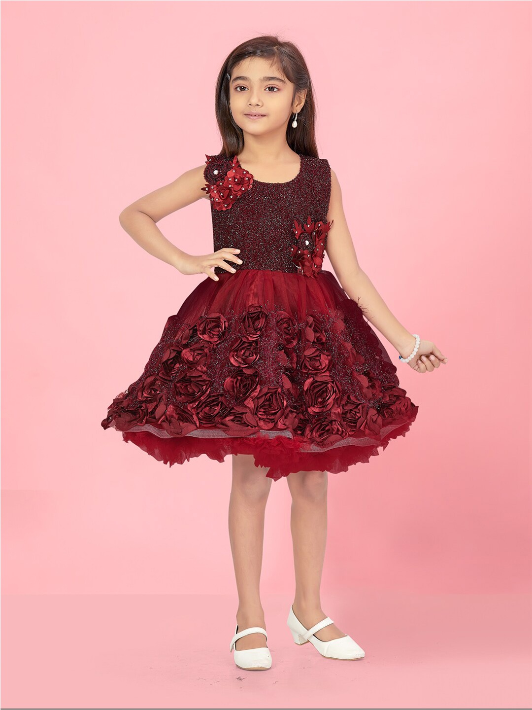 

Aarika Girls Embellished Sleeveless Ruffled Net Fit & Flare Dress, Maroon