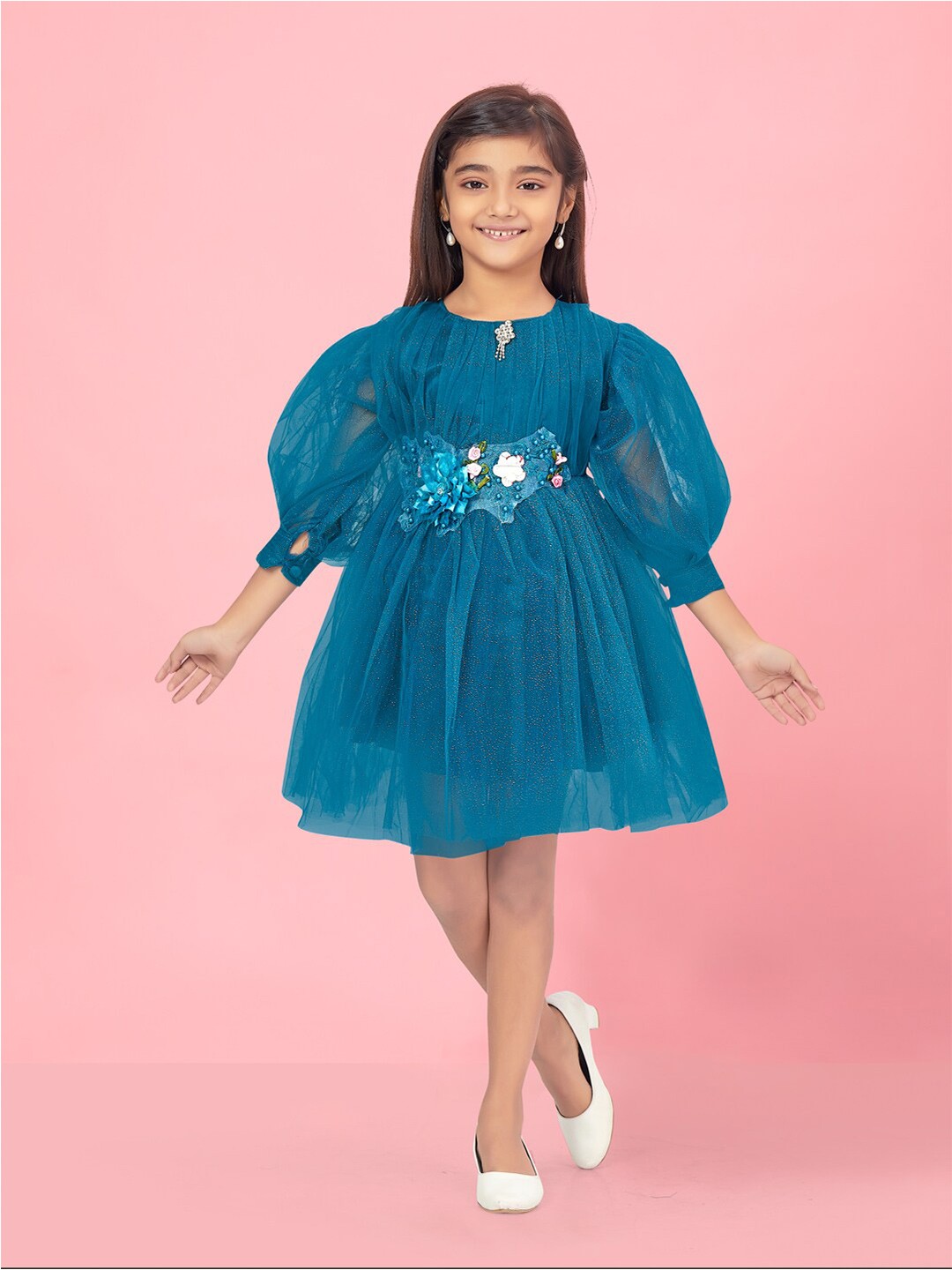 

Aarika Embellished Puff Sleeves Fit & Flare Dress, Green