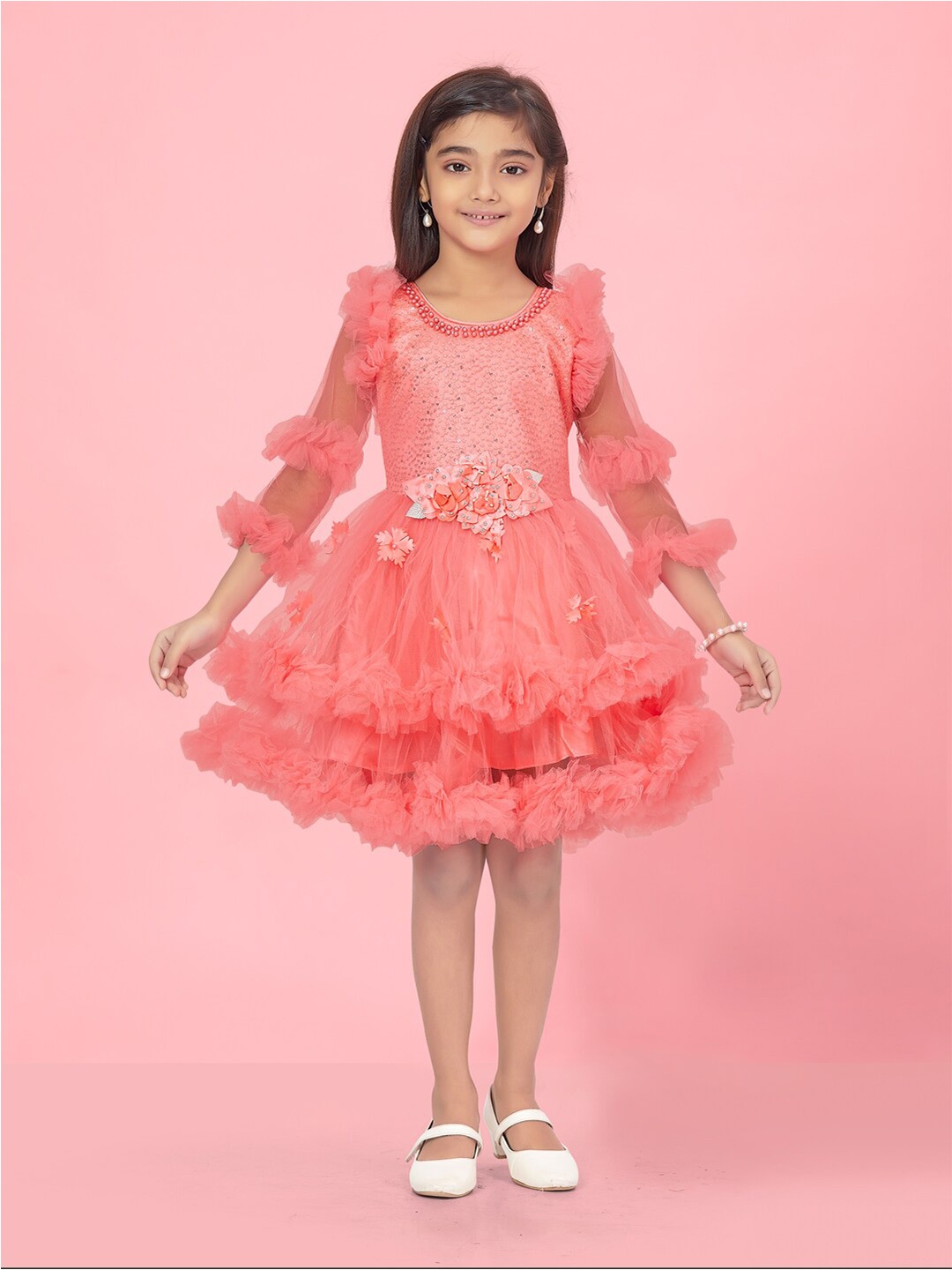 

Aarika Girls Corsage Embellished Net A-Line Dress, Peach