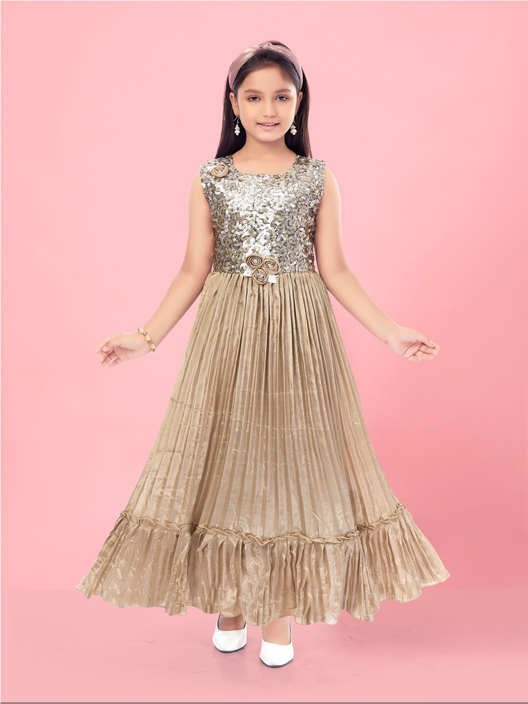 

Aarika Girls Sequinned Embellished Silk Maxi Dress, Beige