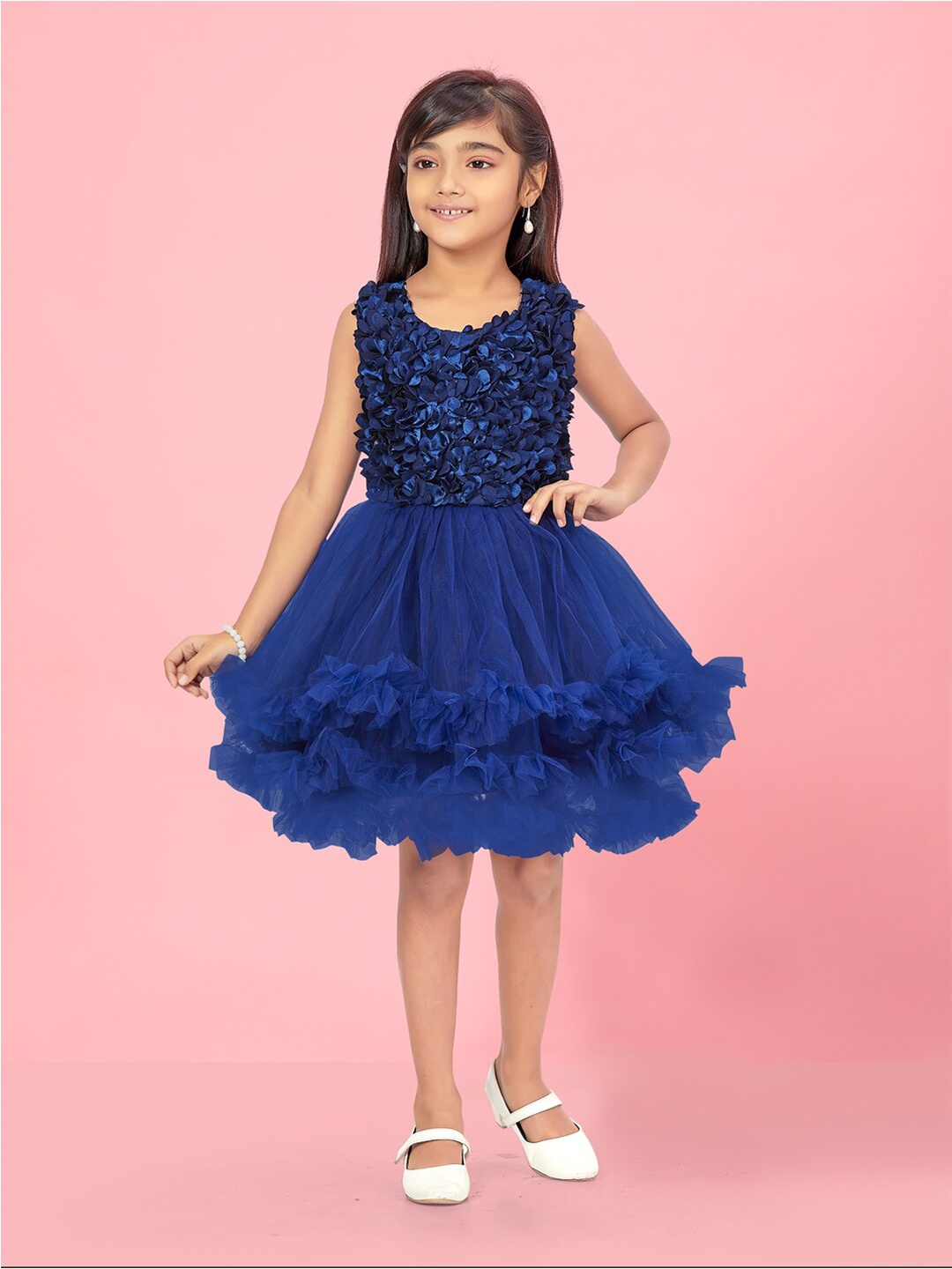 

Aarika Girls Self Design Applique Tulle Net Fit & Flare Dress, Navy blue