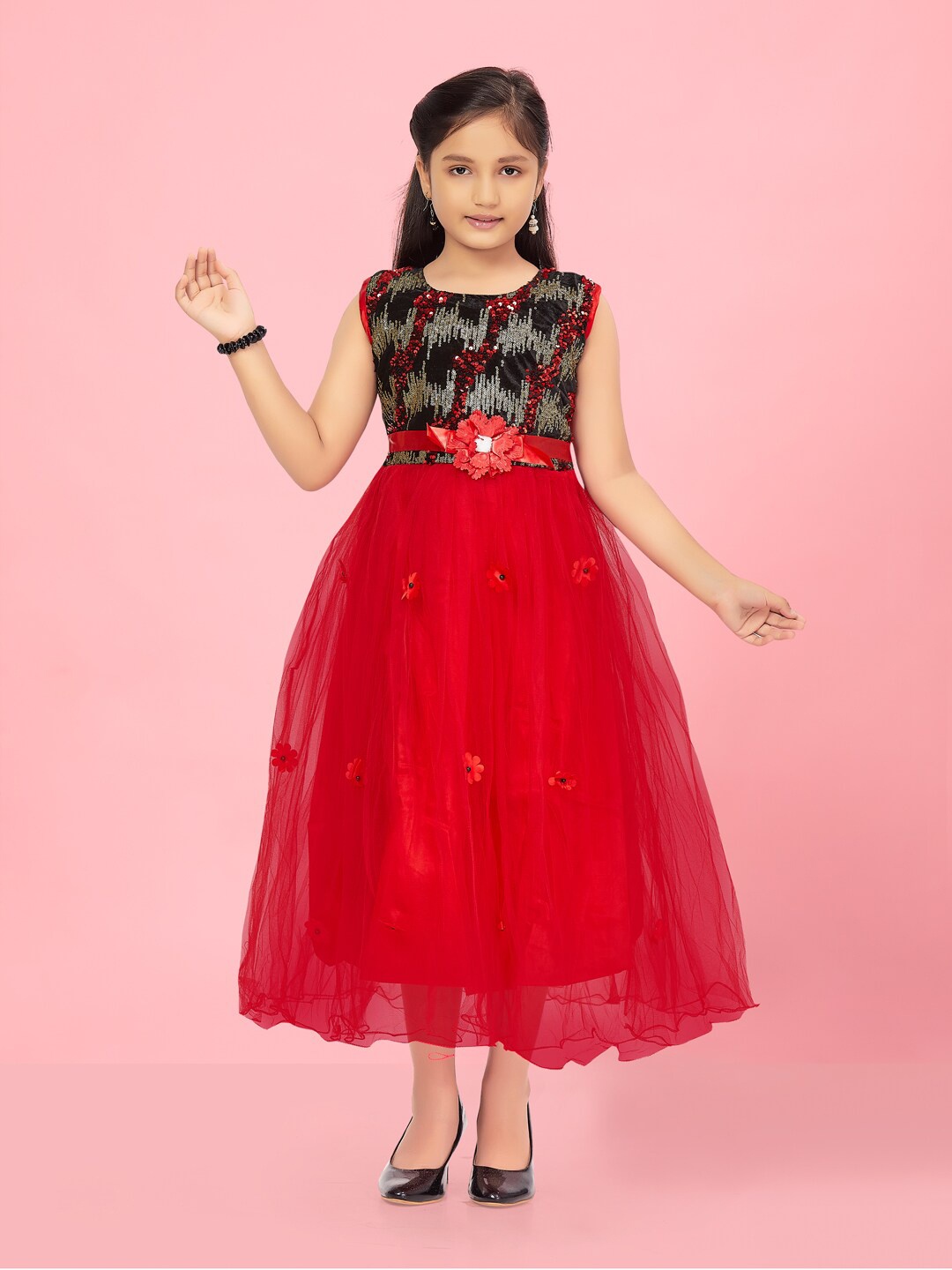 

Aarika Embellished Sleeveless Bow Detail Net Maxi Dress, Red