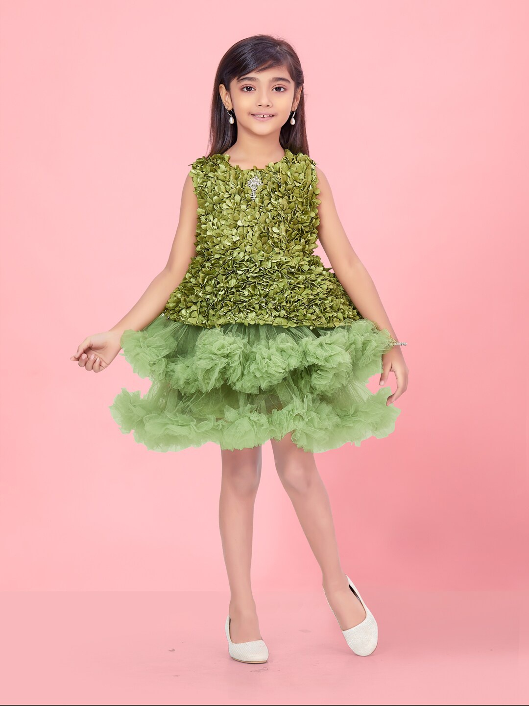 

Aarika Girls Self Design Aplique Tulle Net Fit & Flare Dress, Green