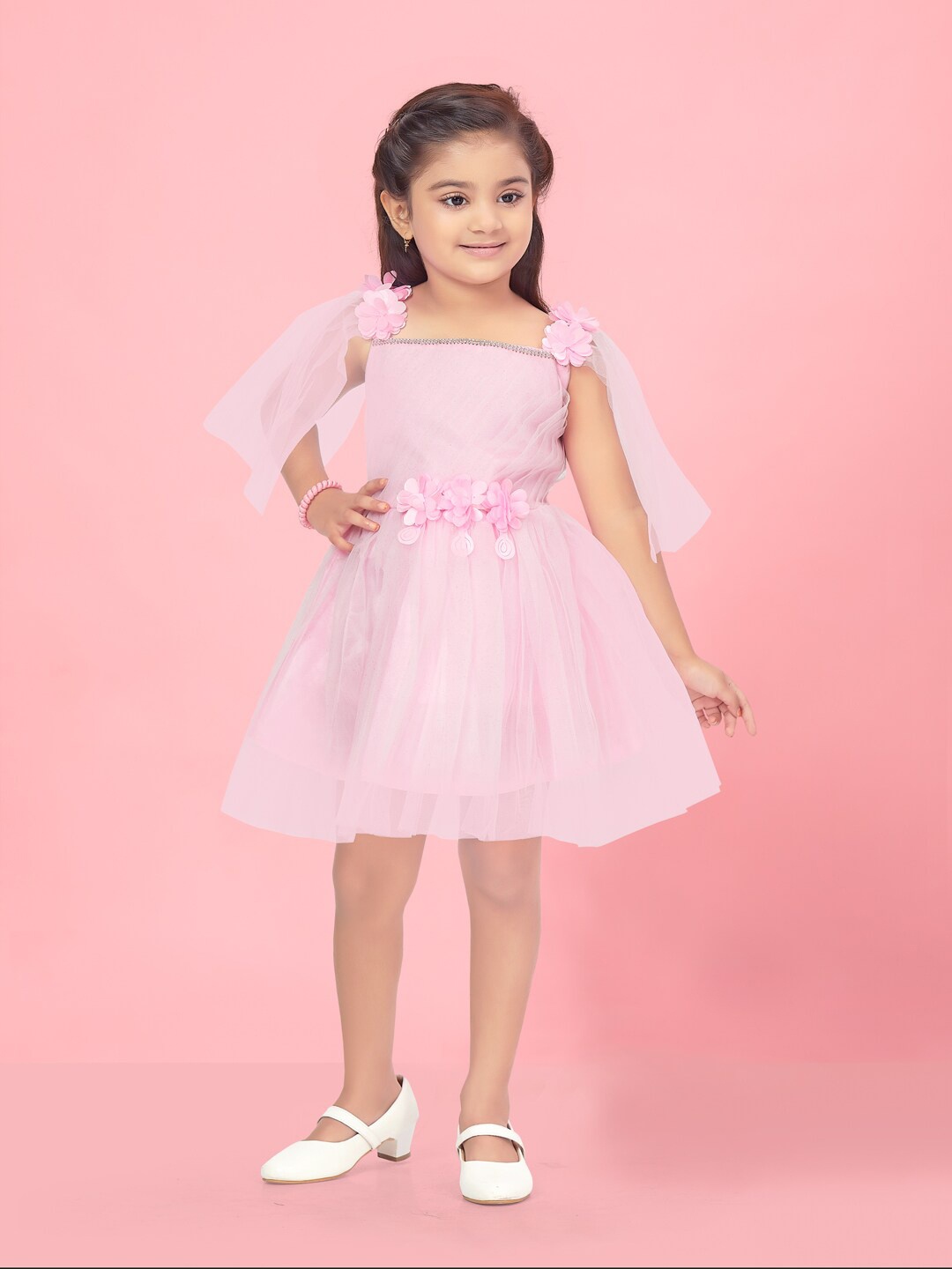 

Aarika Girls Cape Sleeves Net Fit & Flare Dress, Pink