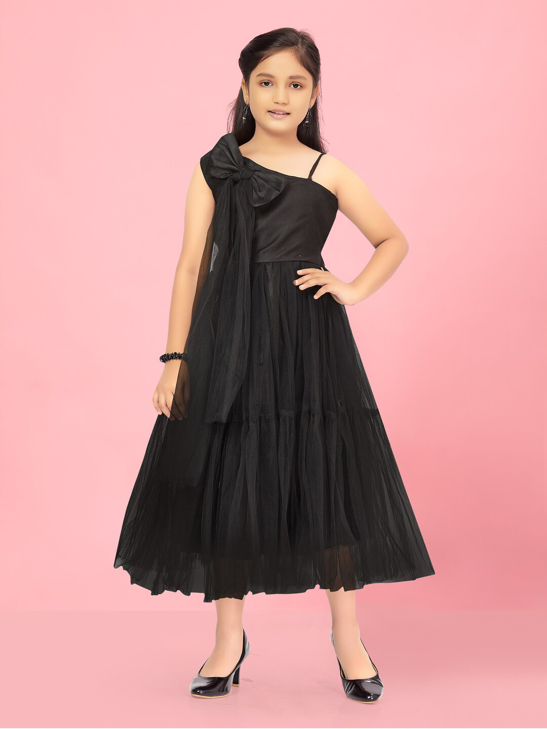

Aarika One Shoulder Tiered & Bow Detail Fit and Flare Midi Dress, Black