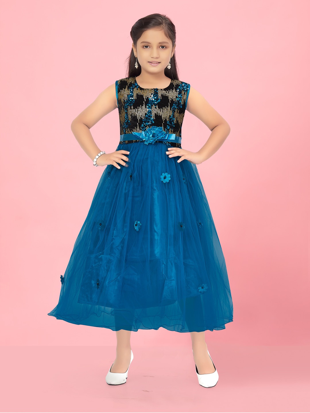 

Aarika Girls Self Design Embellished & Applique Bling & Sparkly Net Fit & Flare Dress, Teal