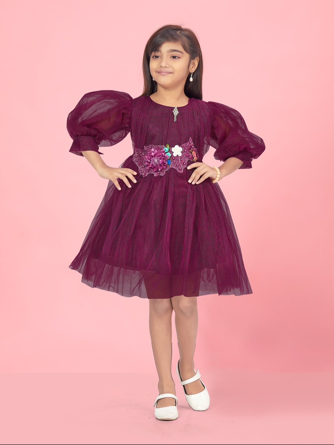 

Aarika Embellished Puff Sleeves Bow Detail Mini Fit & Flare Dress, Purple