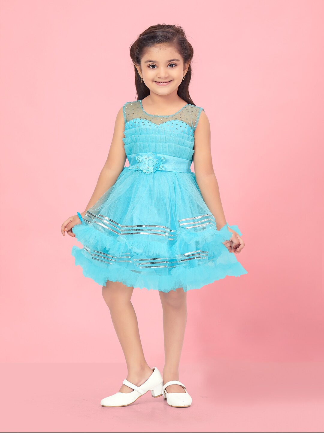 

Aarika Girls Self Design Embellished & Applique Tulle Net Fit & Flare Dress, Turquoise blue