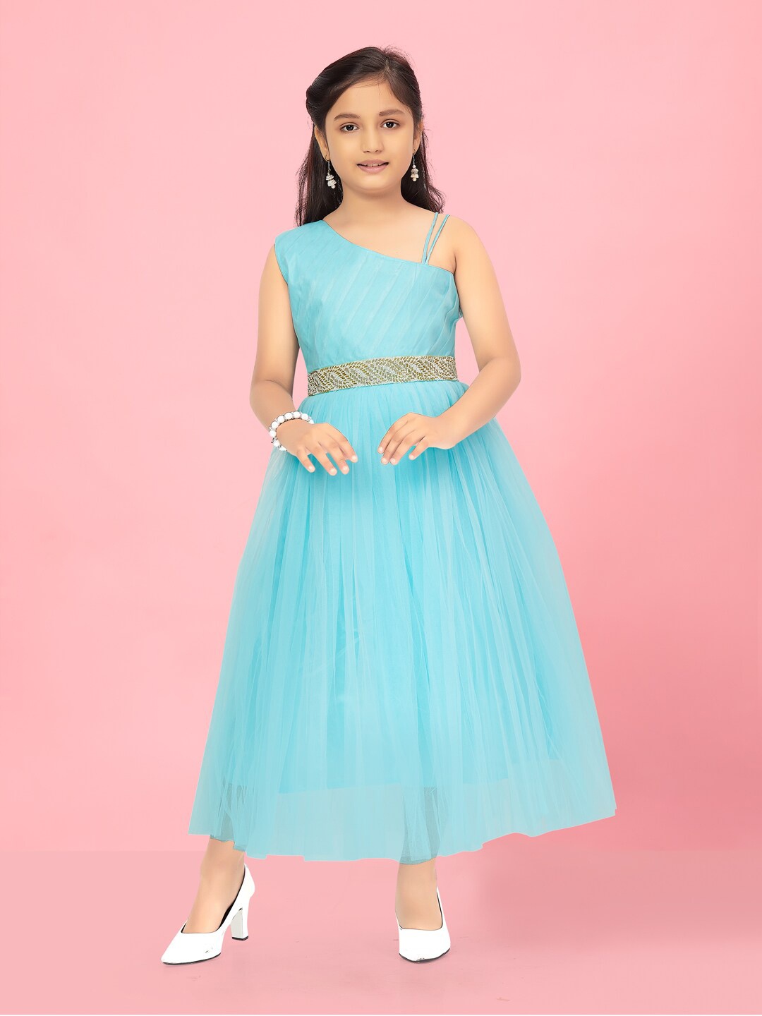 

Aarika Girls V-Neck Sleeveless Net Maxi Gown Dress, Turquoise blue