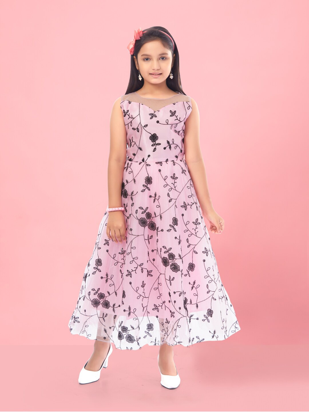 

Aarika Girls Floral Embellished Net Maxi Dress, Pink