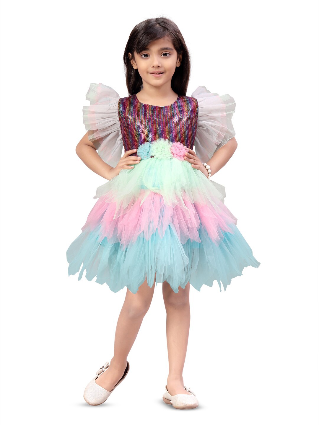 

Aarika Girls Sequinned Embellished Flutter Sleeves Net Fit & Flare Dress, Blue