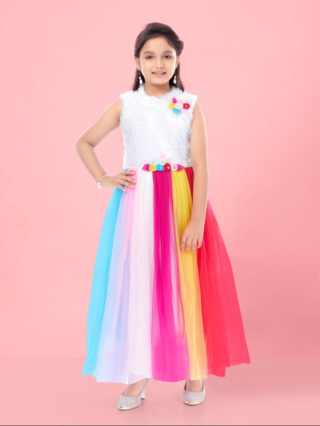 

Aarika Girls Colourblocked Net Maxi Dress, White